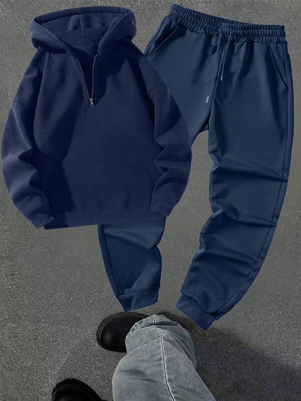 (Autumn/Winter) Men's Fitness Outdoor Sports Hooded Half-Zip Sweatshirt With Drawstring Waist Solid Color Cropped Pants Tracksuit Set, Fashionable Sportswear Hoodie Sweatshirt Set For Running, Workout, Boyfriend Style Casual Sports Set