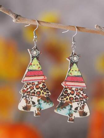 1 对复古豹纹圣诞树木质双面耳环，圣诞珠宝
