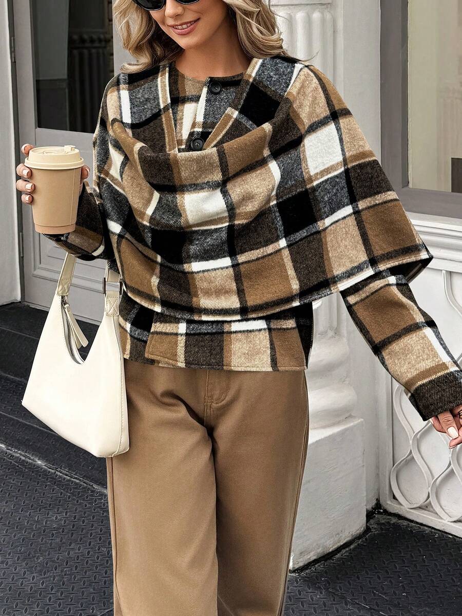 Doriss Loose Checked Slouchy Collar Shawl Coat, Autumn & Winter, Business Casual Woman, Valentine's Day Outfit, Modest, Business Casual Woman, Homecoming, Bohemian, Old Money Style, Wedding Season