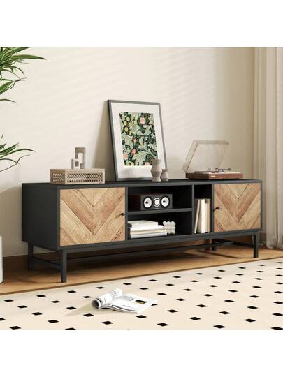 150cm TV St Contrasting Zwart Wood Versatile Storage Space, Including Cabinets, Horizontal Vertical Compartments, Moderne Minimalist view 8