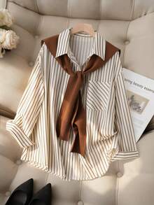 Plus Size Women Fashion Casual Commute Versatile Striped Long Sleeve Shirt & Knitted Shawl, Spring, Office Wear, Airport - Apricot - View 2