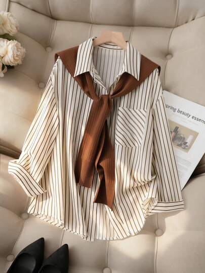 Plus Size Women Fashion Casual Commute Versatile Striped Long Sleeve Shirt & Knitted Shawl, Spring, Office Wear, Airport