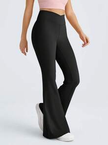 Slim Waist Running Quick-Dry Stretchy Fitness Flared Yoga Leggings, Solid Color Simple Design - Black - View 5