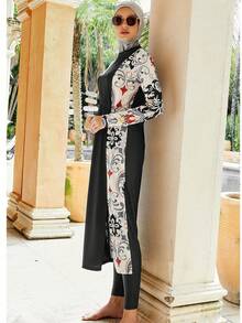 VFJ Bộ đồ bơi Burkini Heat Spring họa tiết Ả Rập có thể tháo rời dành cho nữ, 3 mảnh, màu sắc đồng nhất, độ che phủ vừa phải, thích hợp để lướt sóng và lặn, chống nắng - màu đen - Xem 2