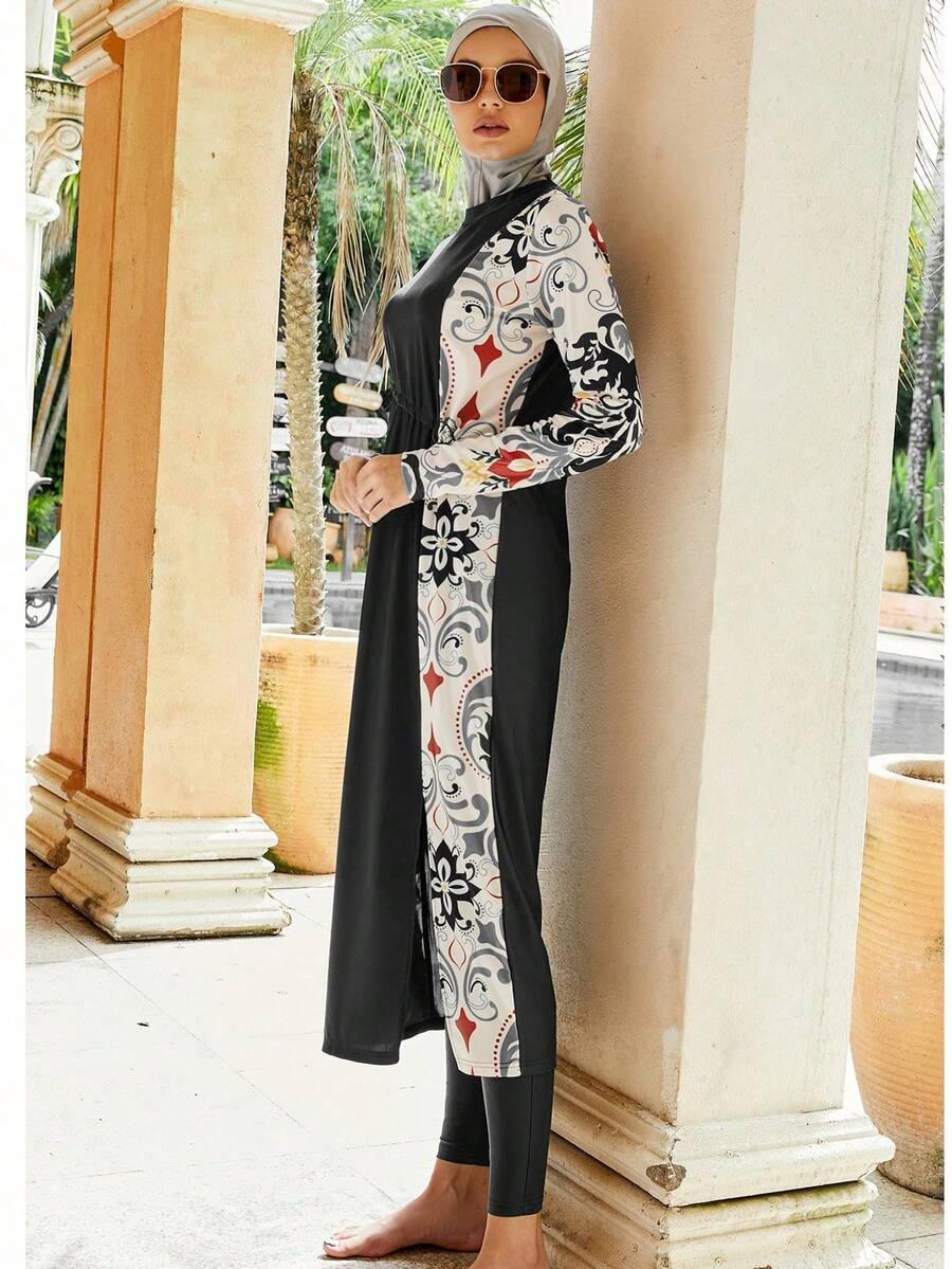 VFJ Bộ đồ bơi Burkini Heat Spring họa tiết Ả Rập có thể tháo rời dành cho nữ, 3 mảnh, màu sắc đồng nhất, độ che phủ vừa phải, thích hợp để lướt sóng và lặn, chống nắng