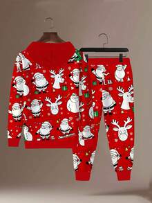 Plus Size Men's Christmas All-Over Print Set - Santa Claus Distressed Graphic Hoodie + Sweatpants 2 Pieces Outfit, Holiday Casual Sportswear - Red - View 3