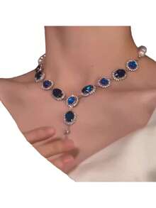 Pearl Blue  Necklace Women Vintage Light Luxury Elegant Collarbone Chain Runaway Princess Niche Design Sense Choker - Dây chuyền ngọc trai Zircon xanh R-Heavy Industry - Xem 3