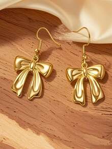 Gold Plated Bow Women Earrings 1 Pair French Art Fashion Accessories Suitable For Women Fit For Holiday Banquet Wear