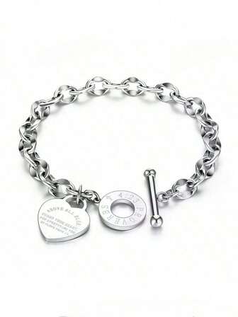 1pc Women's Stainless Steel Classic Heart Engraved Titanium Steel Chain Bracelet