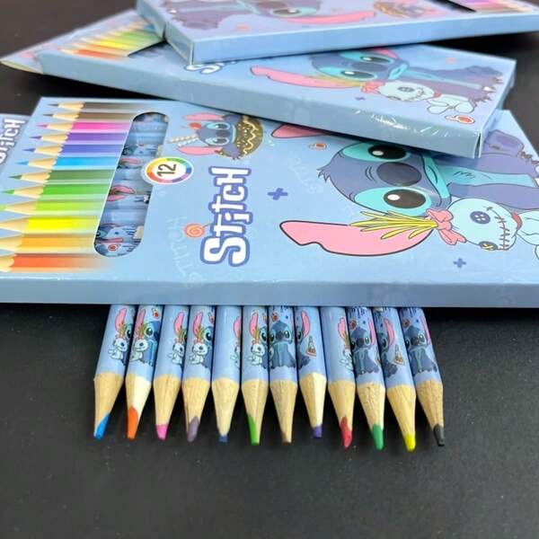 12 Stücke/Set Stitch Cartoon Buntstifte Zeichenwerkzeug Box, 12 Farben Stifte, ideales Geschenk für Freunde, Zeichenwerkzeug Geschenkset