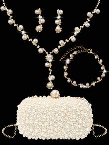 水钻珠宝闪亮项链耳环手链套装，奢华闪亮水钻仿珍珠手拿包，适合派对、浪漫婚礼、春夏链条单肩包、新娘包、正式舞会手拿包、优雅晚礼服包，非常适合派对婚礼舞会晚宴/宴会