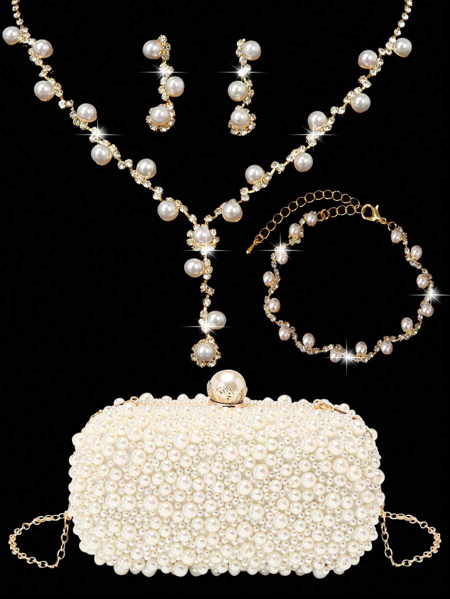 水钻珠宝闪亮项链耳环手链套装，奢华闪亮水钻仿珍珠手拿包，适合派对、浪漫婚礼、春夏链条单肩包、新娘包、正式舞会手拿包、优雅晚礼服包，非常适合派对婚礼舞会晚宴/宴会