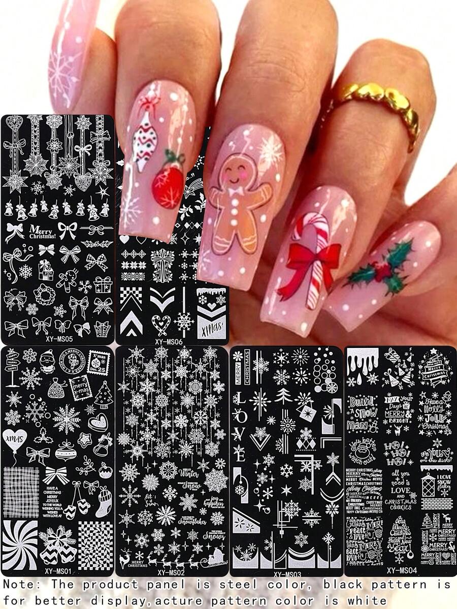 6pcs Christmas Nail Enhancement Template, With Snowflake, Gingerbread Person, Bow, Love, French Nail Hot Stamping Template, For Christmas Nail Decoration, Diy Christmas Nail Polish Transfer Tool