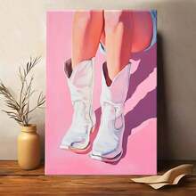 1pc Framed Canvas Wall Art, White Cowgirl Boots Art Print Canvas Poster Painting Wall Decor, Ideal Gift For Bedroom Living Room Hallway Dorm, Ready To Hang - Multicolor - View 1