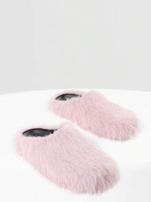 New Womens Faux Fur Slipper Round Toe Fuzzy Fluffy Comfortable Flat Warm Pink Furry Bedroom Slipper Home Slides Shoe Thick Plush Casual Wear Cozy Style Flat Indoor Outdoor All Weather Flat Summer Sandals For Women - 粉紅毛茸茸 - 查看 2