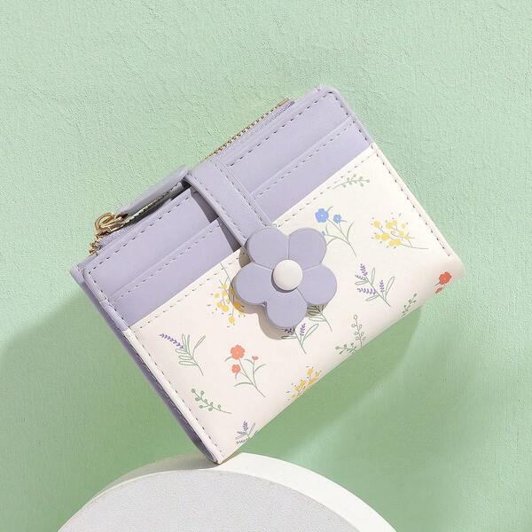 New Korean Cute Floral PU Leather Short Wallet Student Coin Purse Card Holder Zipper Pouch For Women Wallet Mini Wallet Purse Wallet Small Wallet Cute Wallet Card Wallet Coin Wallet