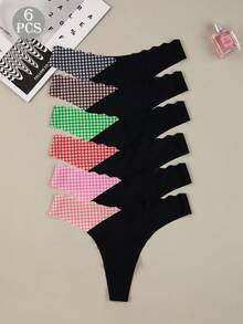 6pcs Seamless Scallop Contrast Design Women's Thong Panties, Comfortable Breathable Striped Plaid Underwear