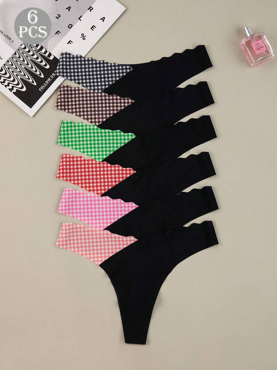 6pcs Seamless Scallop Contrast Design Women's Thong Panties, Comfortable Breathable Striped Plaid Underwear