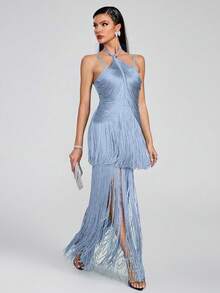 Girsdy Blue Summer Fashion Halter Solid Color Minimalist Handmade Tassel Bandage Sleeveless Dress, Elegant & Graceful For Party, Cocktail, Evening Gown