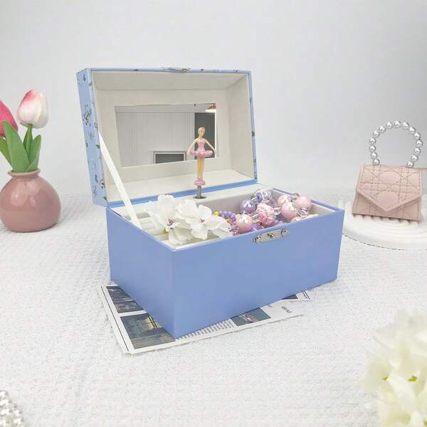 1 قطعة صندوق موسيقي مستطيل بنمط زهري أزرق، مصنوع من الورق مع أميرة دوارة ومرآة، صندوق تخزين المجوهرات ومشغل موسيقى، مناسب لعيد الميلاد وحفلات الزفاف والاحتفالات