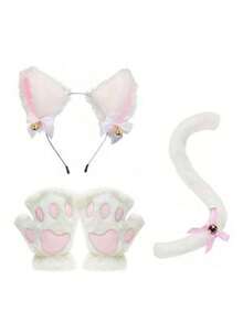 猫咪角色扮演服装 - 2/3/4 件猫耳和尾巴套装，带项圈爪子手套猫咪角色扮演服装配饰小猫耳朵项圈尾巴 R 爪子或女士女孩万圣节装扮