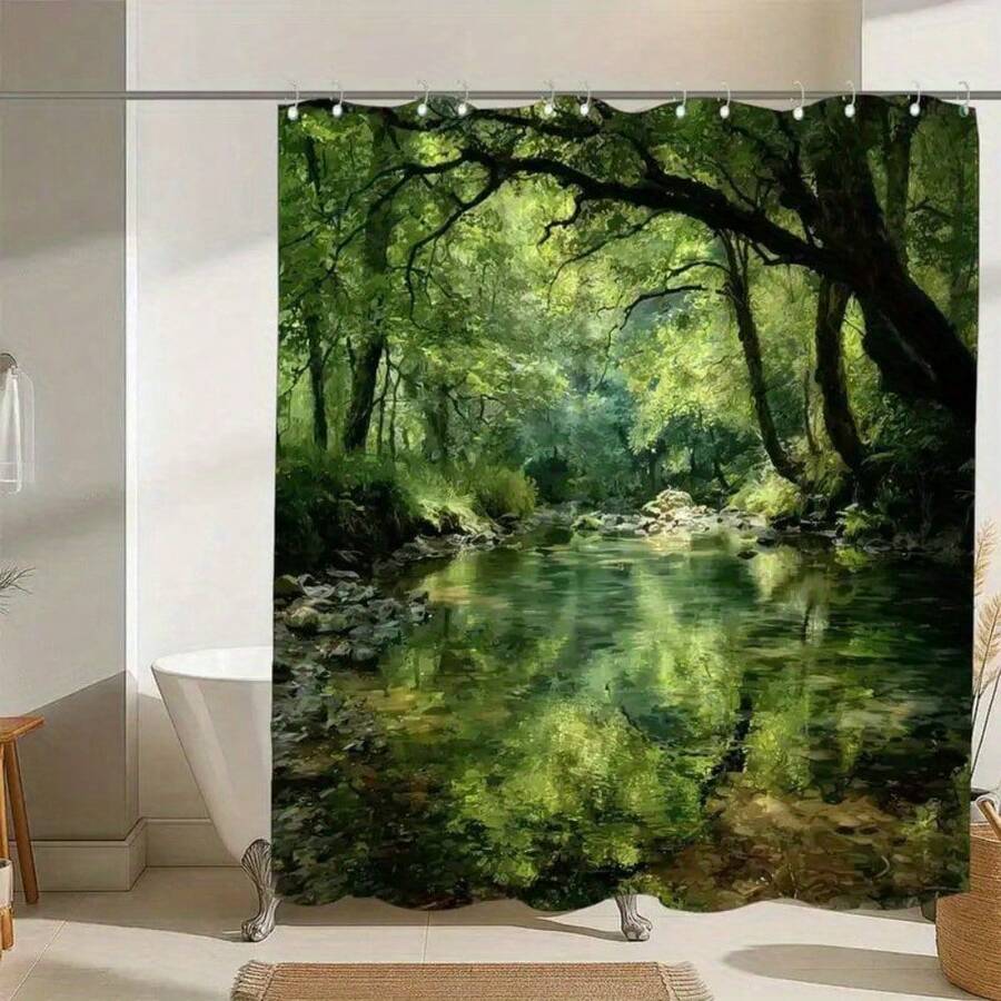 1pc Shower Curtain With Hooks Nature-Themed Forest Stream Spring 2D Flat Bathroom Partition Curtain For Windows Walls & Bathtub Polyester Fabric Easy To Clean Home Decor All Season Universal - 豐富多彩的 - 查看 1