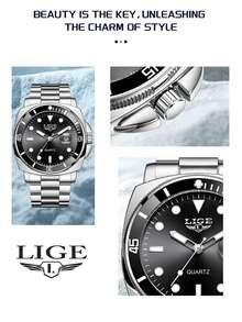 LIGE男士时尚休闲商务手表防水日期手表轻奢高端石英表 - 銀色 - 查看 4