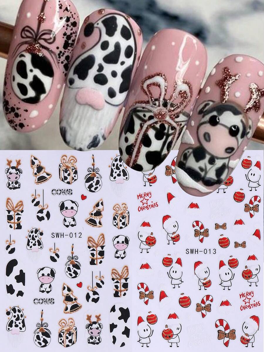 2 Miếng dán móng tay hoạt hình dễ thương hình con bò Giáng sinh, hình dán móng tay có cây thông Noel, mũ gậy đỏ, tự dính, trang trí móng tay 3D, thiết kế nghệ thuật làm móng cho ngày lễ năm mới - Nhiều màu - Xem 1