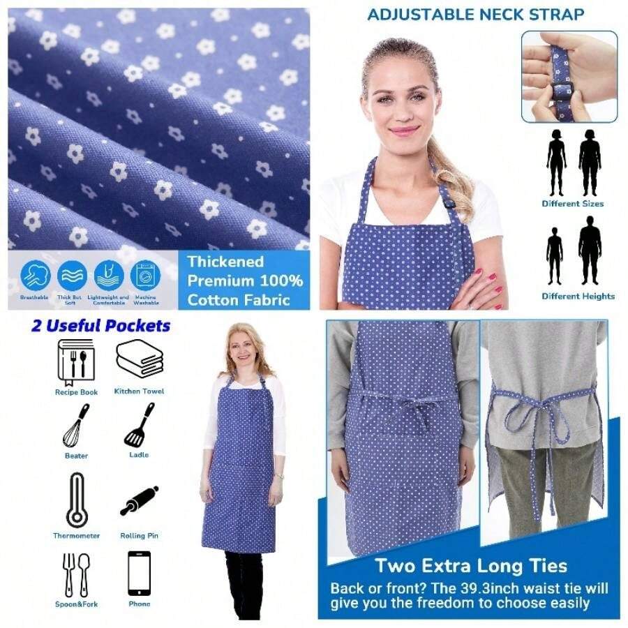Delantales de cocina para mujeres y hombres con 2 bolsillos Delantal para cocina - Azul floral - Ver 1