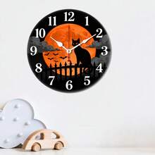 Wooden Clock Horror - Themed Black Cat & Moon Round Wall Clock Spooky Design Adornment Orange Moon & Dark Hues Clear Number Marking Halloween Home Living Room Bedroom Wall Decor Wooden Silent Non-Ticking Vintage 10 Inch Wall Clock Battery Operated For Living Room Bedroom Office Decor Home Decor Room Decor Halloween Decor Halloween Wall Decor Halloween Decorations Bathroom Decor Fall Decor Poster Navidad Decoración Para Cuarto Perfect For Seasonal And Holiday Decor Transform Your Space With Festive Autumn And Halloween Vibes - Wooden wall clock - View 2