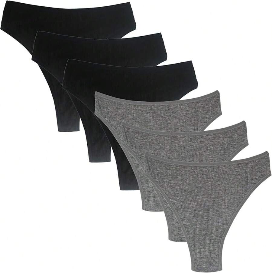 High Waisted Cotton Thongs For Women, Breathable Plus Size Multipack - 黑色*3 灰色*3 - 查看 1