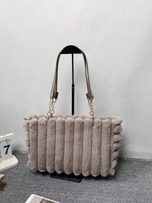 1pc Large Capacity Plush Zipper Tote Bag, Fashion Metal Chain Furry Autumn/Winter New Style Oversized Bag, Suitable For Women's Daily Use