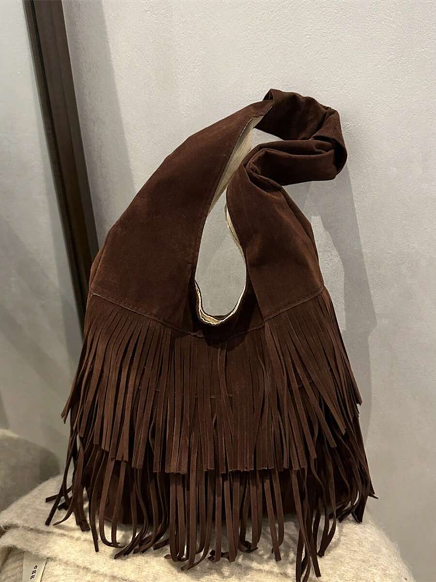 1 件纯色绒面流苏单肩包，复古时尚大容量通勤包，高品质时尚单肩包