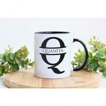 Personalized Monogram Coffee Mug, Initial Letter M Customized For Women Men Girls Boys Dads Moms Friends, Taza De Café Personalizada Con Monograma, Letra Inicial Black Handle Mug Letter M 11oz - 首字母Q - 查看 3
