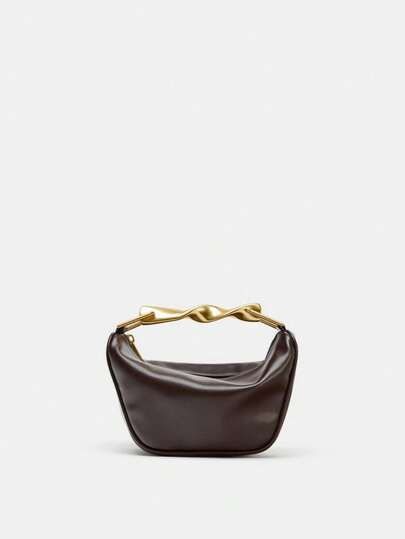 Wavy Metal Handle Deep Red Glossy Leather Crescent Bag | Mini Handheld & Crossbody 2-In-1 | 18cm Luxury Phone Pouch | Artistic Niche Design | Detachable Shoulder Strap Underarm Bag | Autumn/Winter Shopping & Date Outfit Handbag | Evening Party Clutch | Christmas Party Accent Bag