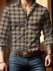 New Men's Fashionable Casual Plaid Print Long Sleeve Shirt, Fall