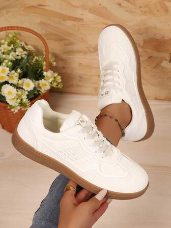 Solid Color Lace-Up Women's Casual Sports Shoes, Versatile Flat Sneakers For Spring, Autumn, All Seasons, Outdoor Walking, Student/School Style