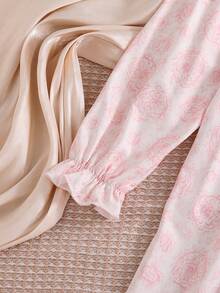 Tween Girl Elegant And Sweet Rose Pattern Long Sleeved Square Collar Bow Design Home Clothes Nightgown, Comfortable Fabric, Very Suitable For Daily Casual Wear