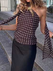 复古法式波点露背吊带休闲度假上衣，女士夏季款 - 棕色 - 查看 8