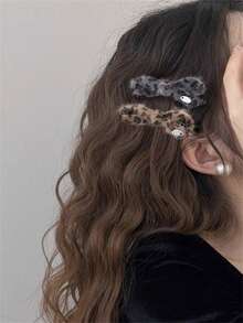 2个/4个秋冬复古优雅豹纹蝴蝶结发夹，适合刘海、侧分刘海、日常佩戴，波西米亚风优雅发饰 - 彩色 - 查看 11