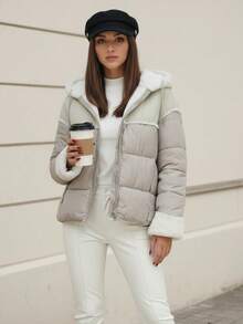 Veste courte matelassée pour femmes avec col châle, doublure thermique, fermeture à glissière et manches longues. Décontractée/élégante et avec capuche en fausse fourrure. Convient pour l'automne et l'hiver. - Gris - Voir 1