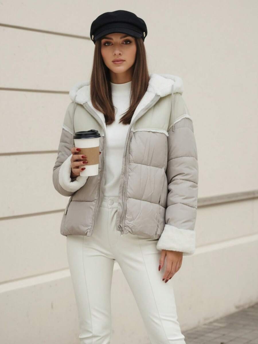 Veste courte matelassée pour femmes avec col châle, doublure thermique, fermeture à glissière et manches longues. Décontractée/élégante et avec capuche en fausse fourrure. Convient pour l'automne et l'hiver. - Gris - Voir 1