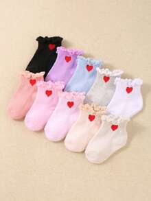 10 Pairs Random Colors Baby Girls Ruffle Socks With Love Heart Design, Infant Toddler Frilly Dress Ankle Socks With Heart Design, Baby Essentials Soft & Breathable Crew Socks, Cute Princess Socks For Newborn, Suitable For Casual & Family Outdoor Holiday Travel Wear, Halloween Decor Christmas Xmas Gift - Multicolor - View 3