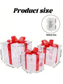 Set Of 3 Christmas 60 LED Lighted Gift Boxes, Transparent Warm White Lighted Christmas Box Decor, Presents Boxes With Red Bows For Christmas Tree, Yard, Home, Christmas Decorations