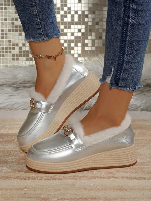 أحذية نسائية بفيونكة فرائية قابلة للارتداء، أحذية كعب سميك دافئة فاخرة فائقة الخفة، شتوية