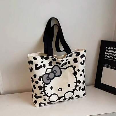 Sanrio Hello Kitty Canvas Tote Bag - Large Capacity Commuter Shoulder Bag With Adjustable Strap, Zipper And Black Handle, Casual Style Suitable For Summer, Available In 3 Styles, Cute Tote Bag, Essential For Daily Commute, Fun Design, Durable Canvas Material.