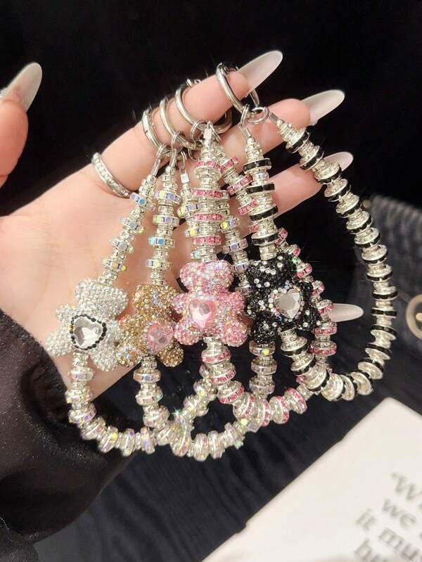 1pc Sparkling Rhinestone Bear & Heart Shaped Bling Phone Charm Pendant Necklace Chain, Cute Design