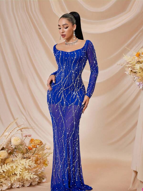 Autumn Women's Glitter Sweetheart Neckline Long Sleeve Embellished With Pearls & Rhinestones Mermaid Shape Empire Waist Maxi Graduation Dress Formal Concert Evening Gown Suitable For Prom,Ball,Birthday,Wedding Events