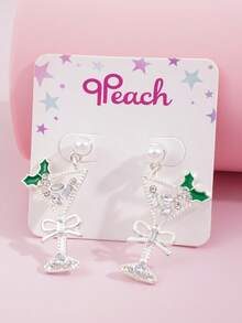 2pcs/Set Rhinestone Santa Claus, Christmas Tree, Reindeer Stemware, Gingerbread Man, Bowknot , Gold Pendant Earrings, Christmas Gift