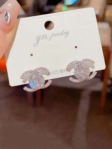 1 Pair Luxury 925 Sterling Silver Double C Stud Earrings, Elegant Gift For Goddess, Suitable As Valentine's Day Jewelry